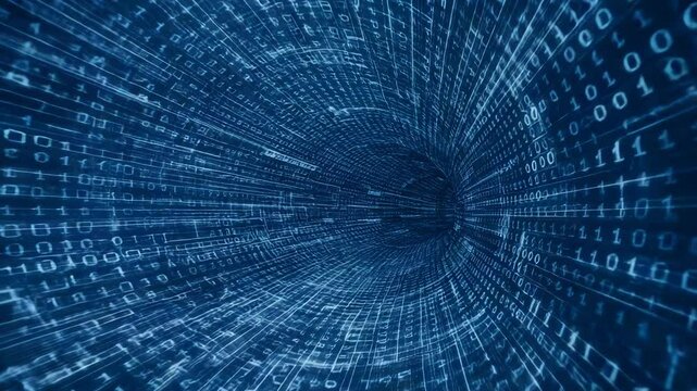 Digital tunnel illusion with binary code blue vortex effect in abstract technology background