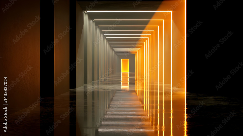 Poster illuminated passage tunnel with perspective view creating a glowing and warm atmosphere illusion des