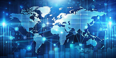 Obraz premium A dynamic illustration showcases a world map overlaid with a network grid, illuminating data connections and enhancing the concept of global communication and technology