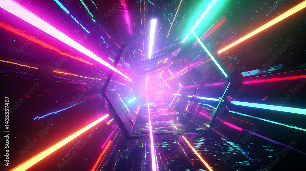 Poster abstract digital tunnel of illuminated lines, creating a futuristic and vibrant perspective space