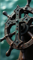 Obraz premium Rustic ship wheel with cross accent on nautical background. leviathan cross