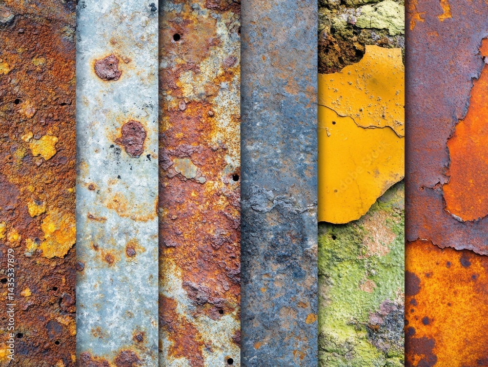 Poster an array of oxidized metal panels showing decayed surface with vibrant color palette and industrial 