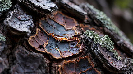 Nature's amber resin flows beautifully down ancient bark lichen thrives nearby a breathtaking sight