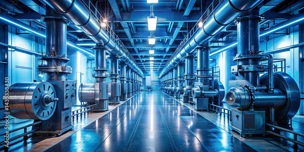 Poster pipes and machinery in a modern industrial setting create a visually striking environment with a blu