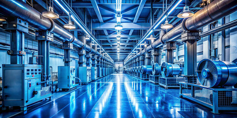 Fototapeta premium A spacious industrial facility showcases advanced machinery and equipment, featuring illuminated pipes and fans arranged in neat rows