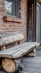 Rustic Log Bench on Brick Patio Outdoor Setting