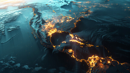Obraz premium Fractured North America with glowing cracks, visualizing tectonic tension and Earth's dynamic forces