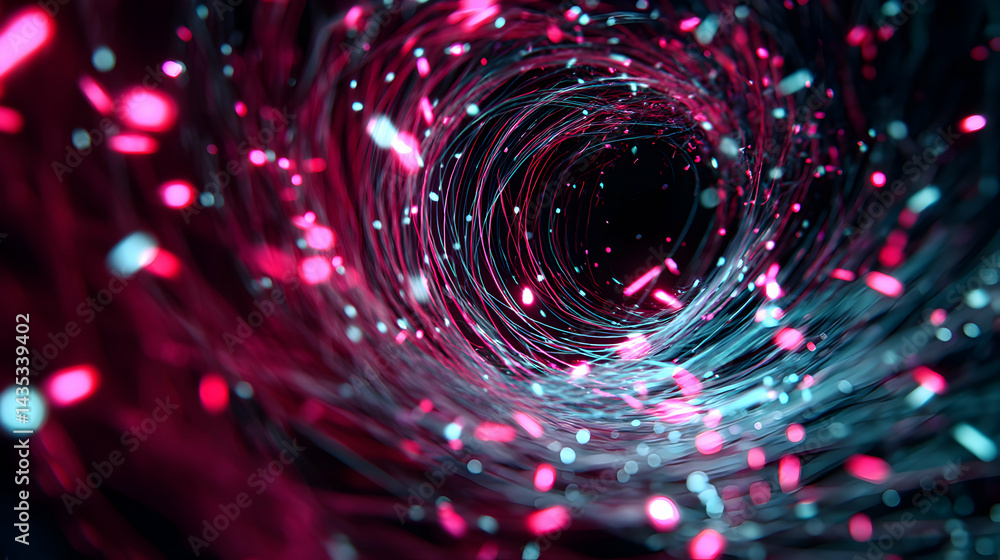 Poster illuminated data streams flow forming a cosmic portal or wormhole with glowing particles