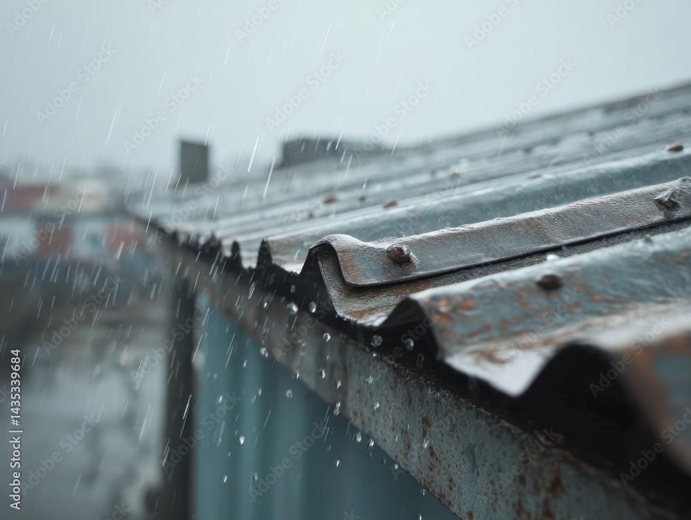 Poster serene rainfall on weathered corrugated roof creating a tranquil atmosphere with soft focus backgrou