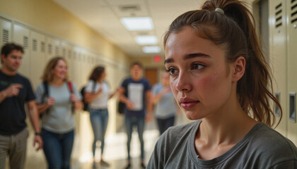 Teen girl feeling sad in school hallway with lockers, bullying concept