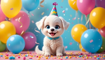 Adorable Cute Puppy Celebrating Birthday with Colorful Balloons and Party Hat. Happy Birthday Dog