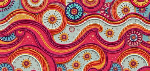 Seamless embroidered wavy bohemian patchwork textile design, needlework, fabric