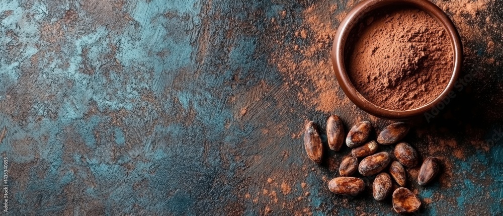 Poster rustic still life of cocoa beans and powder in bowl on textured blue background for chocolate making