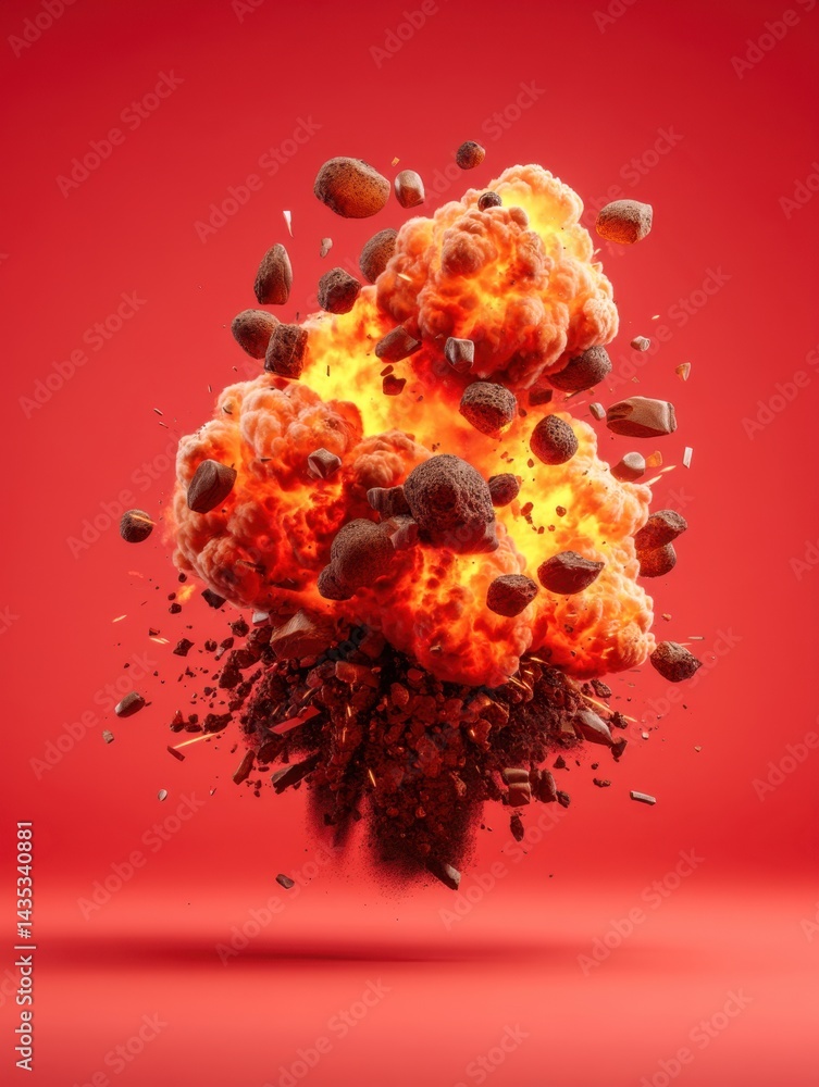 Poster dynamic explosion of fire and debris against a vibrant red backdrop creating a powerful visual impac