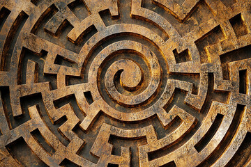 Intricate stone labyrinth nestled among greenery invites exploration and curiosity on a sunny day