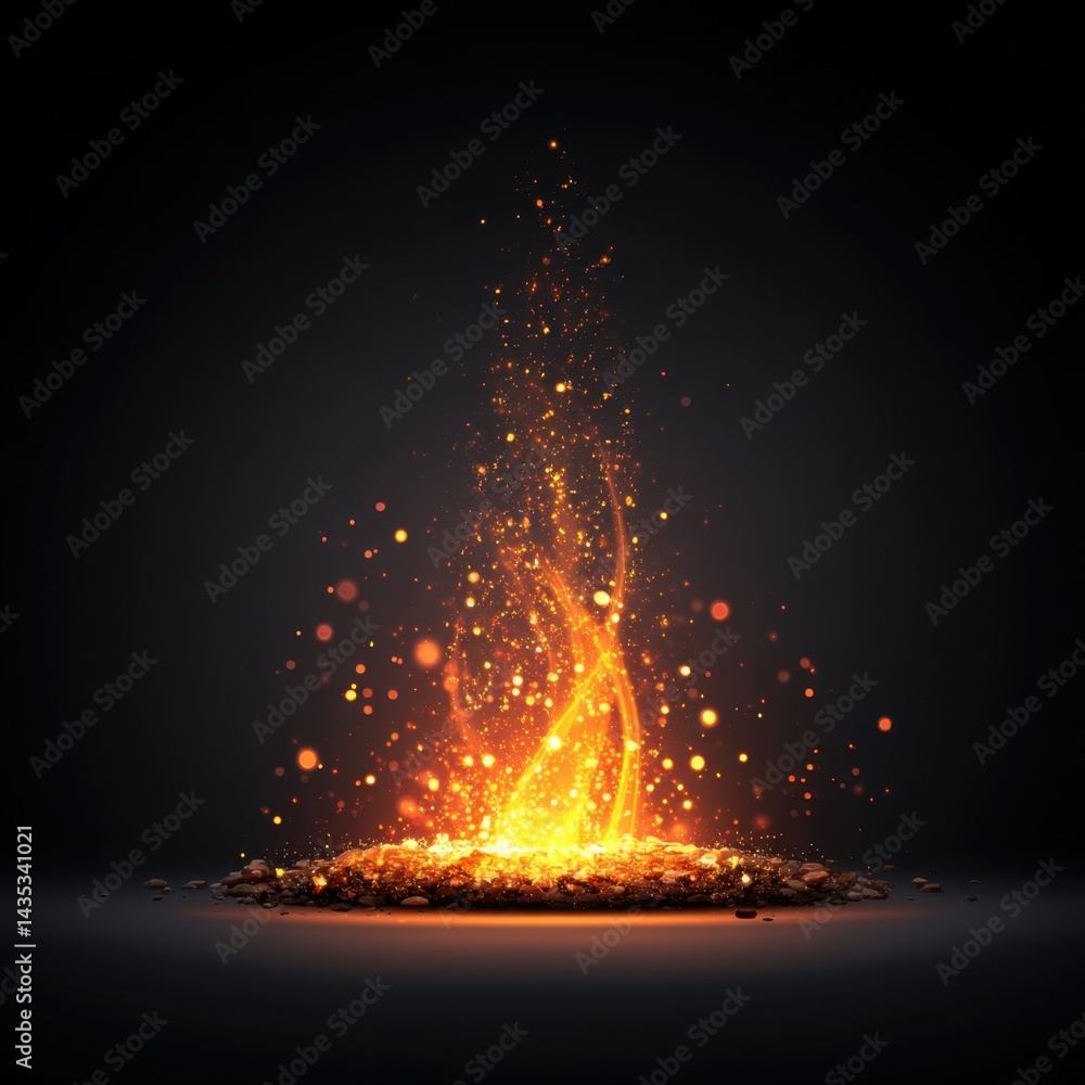 Poster glowing embers on dark background creating a magical and enchanting atmosphere with bokeh effect and