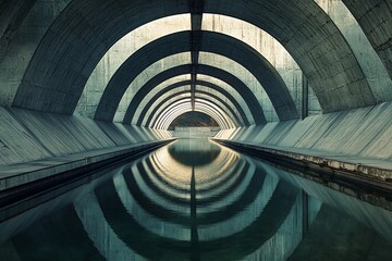 Obraz premium Vaulted bridge structure creates stunning mirror reflection beneath in calm water during early morning light