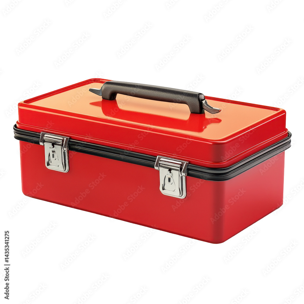 Poster closed red tool box with secure latch against transparent background highlighting utility and storag