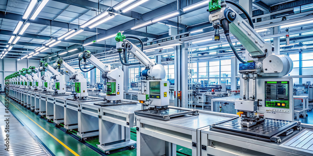 Poster a cutting-edge manufacturing facility features a robotic assembly line with multiple automated arms 