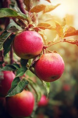 Ripe red apples hanging on tree branch in orchard garden with sunlight beaming through leaves fresh organic fruit autumn harvest healthy eating vibrant color