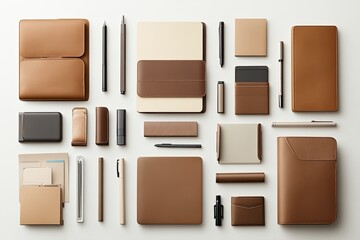 Organized, neutral-toned stationery and leather accessories laid out on a white surface  Various items like notebooks, pens, notepads, and pouches are displayed in a grid pattern