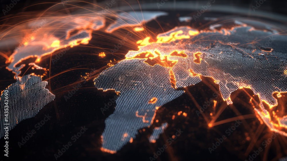 Poster a stunning digital globe illustration showcasing interconnected continents with glowing lines repres