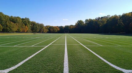 empty football field surrounded by autumn trees