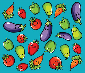 Seamless pattern of cute kawaii vegetables with smiling faces on a blue background. 
Perfect for children's products, fabric design, packaging, wallpaper, and educational materials. 