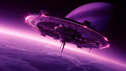 Futuristic ring station orbiting an alien planet bathed in ethereal purple light, a symbol of space age exploration