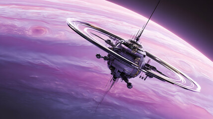Orbital rendezvous station amidst the swirls of a gas giant evoking a sense of cosmic exploration