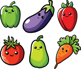 Cute cartoon vector set of kawaii-style vegetables with smiling faces. Includes green bell pepper, eggplant, tomato and carrot. Bright, colorful, and playful illustration