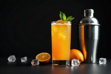 Refreshing citrus cocktail in tall glass with ice cubes and a cocktail shaker nearby on dark background