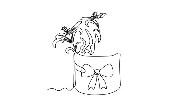 Abstract gift hat box with bow with bouquet of lily flowers, Self drawing animation one continuous line draw, logo