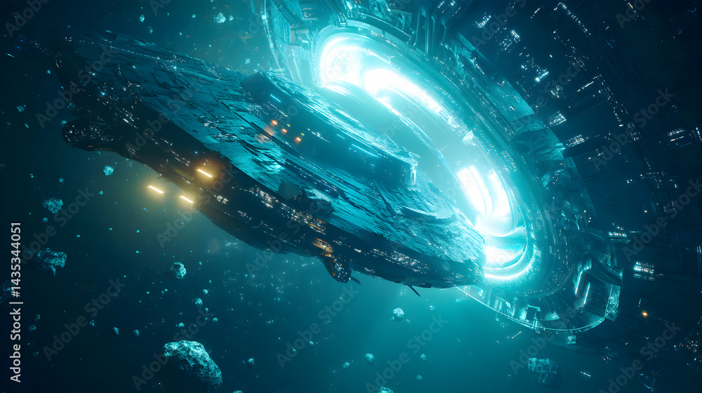 Poster futuristic spaceship navigating through a glowing portal amidst cosmic debris in interstellar space