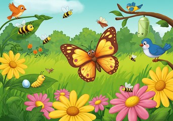 Fototapeta premium Butterflies and Blooms: A Sunny Meadow AI Generated