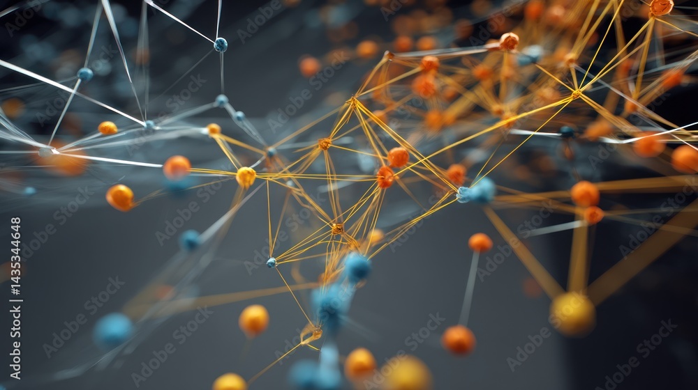 Poster abstract illustration of interconnected nodes and lines, representing advanced technology and data n