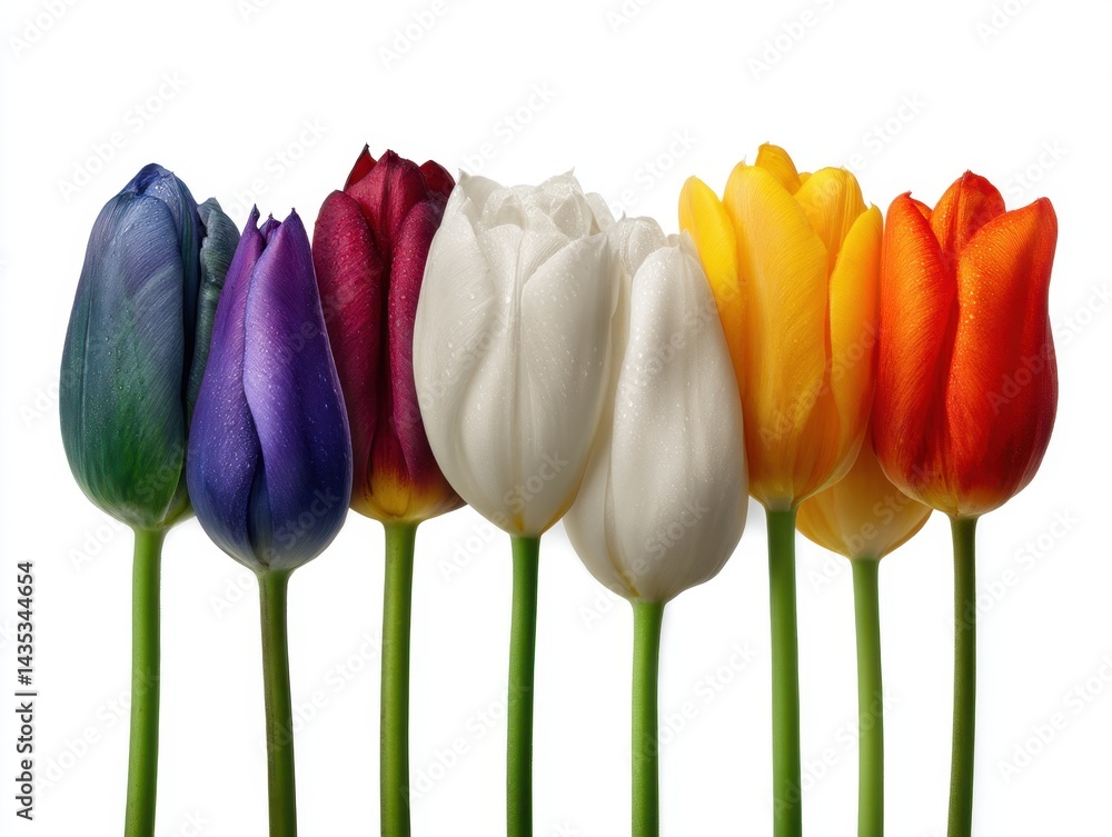 Aufkleber vibrant tulips in a row against white backdrop showcasing a spectrum of colors in a studio setting w