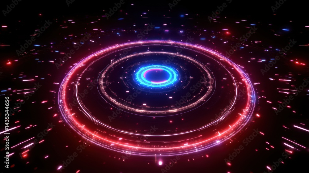 Poster abstract glowing circles with vibrant particles creating a dynamic visual effect on a dark backgroun