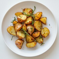 A white plate filled with roasted potatoes and rosemary sprigs on top