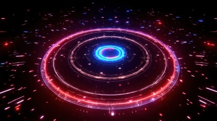 Obraz premium Abstract glowing circles with vibrant particles creating a dynamic visual effect on a dark background.