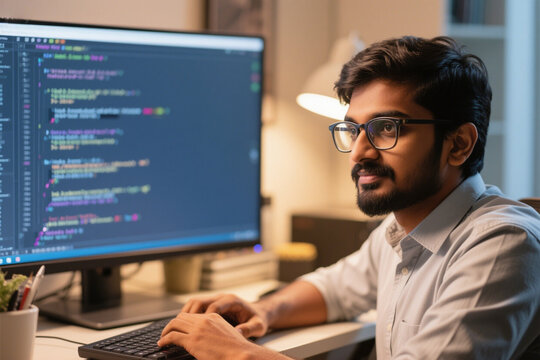 Indian software engineer debugging code on computer screen