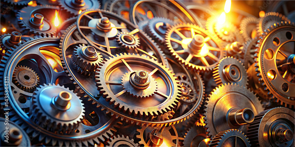 Aufkleber a detailed composition of various metallic gears and cogs, highlighted by warm light, showcasing the