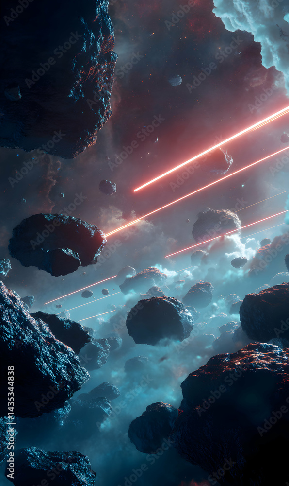 Poster cosmic collision course with floating asteroids in the vast expanse of mysterious space realm