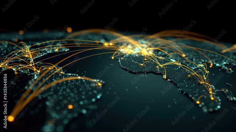 Poster an abstract view of global connectivity with glowing lines and network points representing technolog