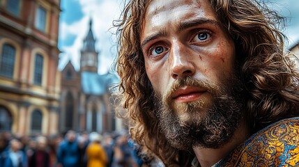 Close-up portrait, man, long hair, beard, city background