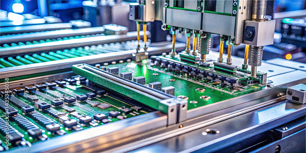 Poster technicians operate complex machinery to assemble printed circuit boards in a modern manufacturing e