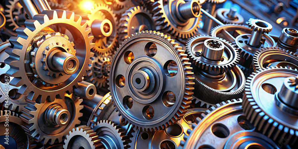 Poster metal gears of various sizes and shapes are tightly clustered together, reflecting light in an indus