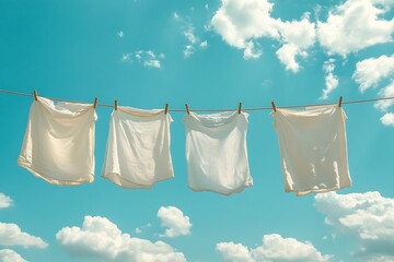 White clothes drying on a clothesline under a bright blue sky with fluffy clouds"