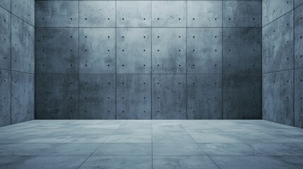 A gray concrete wall with a grid pattern and evenly spaced holes.