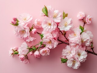 Gentle Pink Cherry Blossoms on a Soft Pink Background Capturing the Delicate Beauty of Spring in a Minimalist Style with a High Angle View and Natural Light